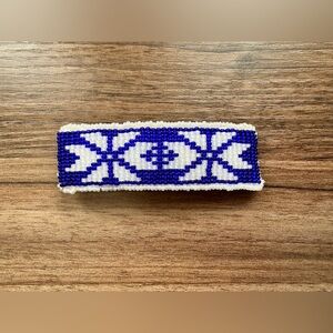 Hand beaded Hair Barrette Blue and White